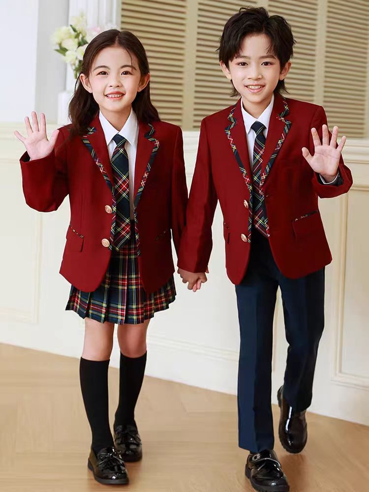 Burgundy blazer with tartan trim